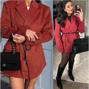 Wool blend premium quality red oversized drawstring tie belt blazer jacket