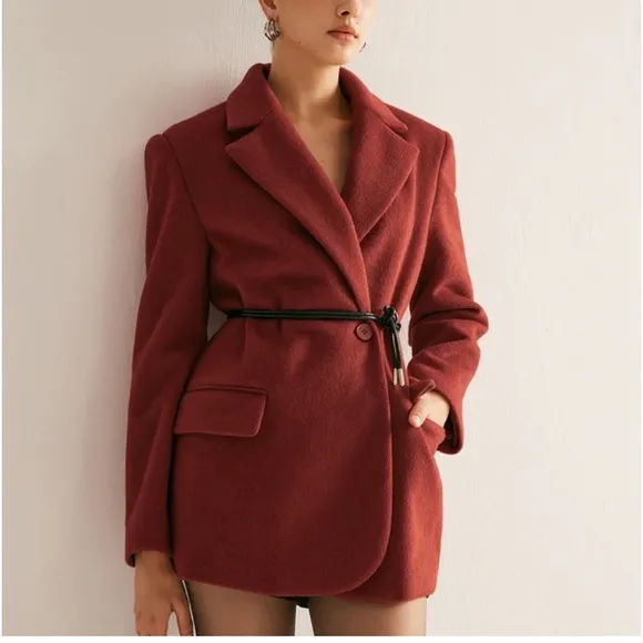 Wool blend premium quality red oversized drawstring tie belt blazer jacket