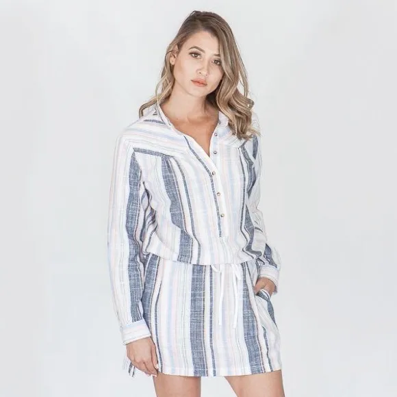 XiRENA Emersyn Striped Long Sleeve Tie Dress Multi Color Neutral Boho Size L