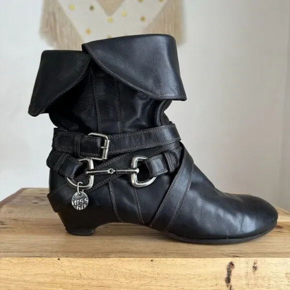 Y2K Vintage Miss Sixty Black Leather Silver Horse Bit Ankle Wrap Fold Over Boots