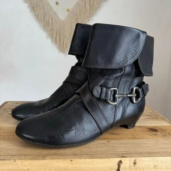 Y2K Vintage Miss Sixty Black Leather Silver Horse Bit Ankle Wrap Fold Over Boots
