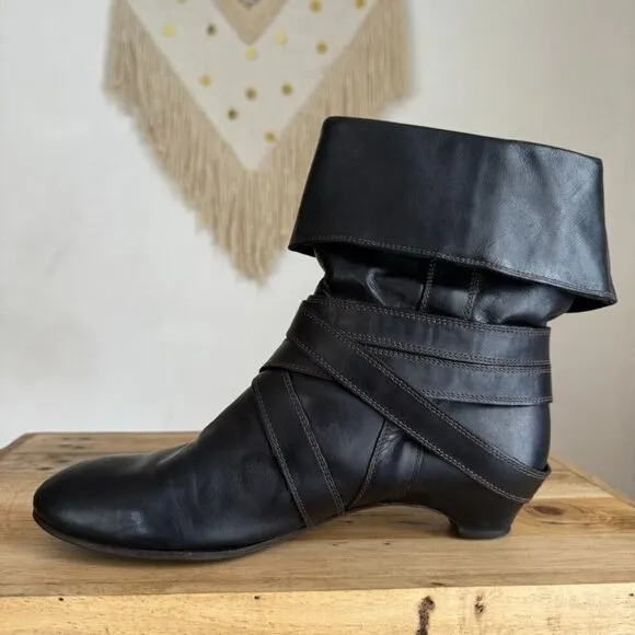 Y2K Vintage Miss Sixty Black Leather Silver Horse Bit Ankle Wrap Fold Over Boots