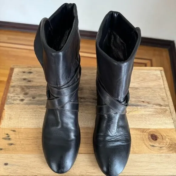 Y2K Vintage Miss Sixty Black Leather Silver Horse Bit Ankle Wrap Fold Over Boots