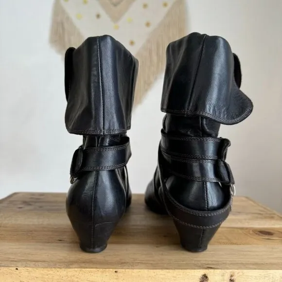 Y2K Vintage Miss Sixty Black Leather Silver Horse Bit Ankle Wrap Fold Over Boots