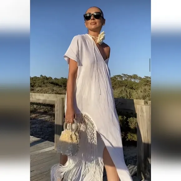 Zara 100% linen fringed macrame white dress size XS