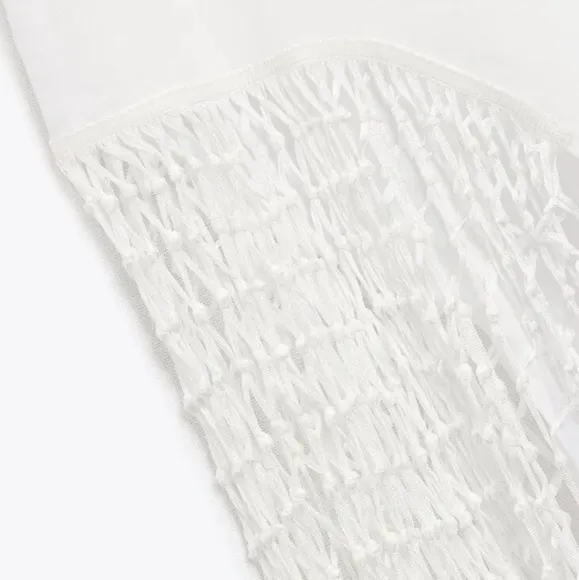 Zara 100% linen fringed macrame white dress size XS