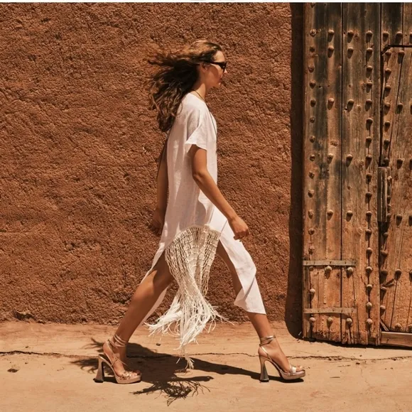 Zara 100% linen fringed macrame white dress size XS