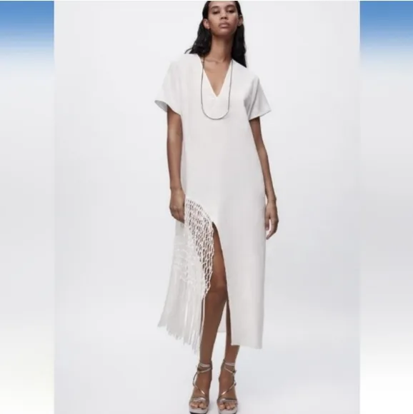 Zara 100% linen fringed macrame white dress size XS