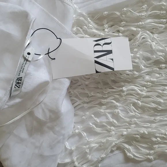 Zara 100% linen fringed macrame white dress size XS