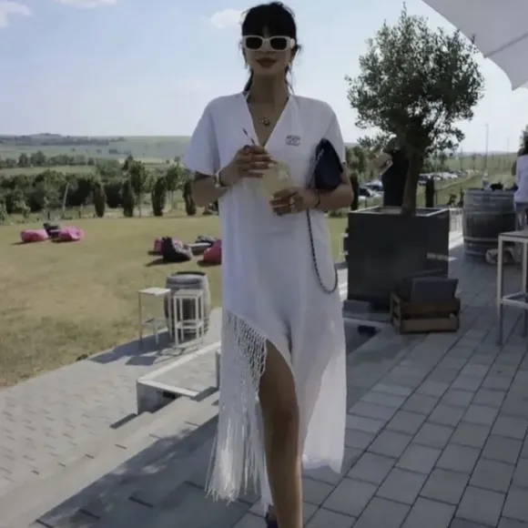 Zara 100% linen fringed macrame white dress size XS