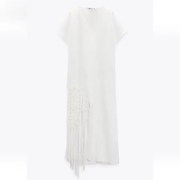 Zara 100% linen fringed macrame white dress size XS