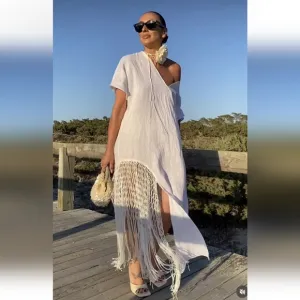 Zara 100% linen fringed macrame white dress size XS