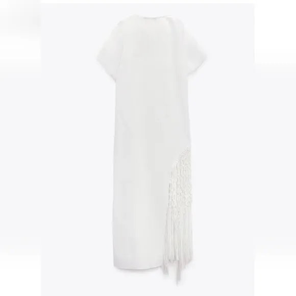 Zara 100% linen fringed macrame white dress size XS