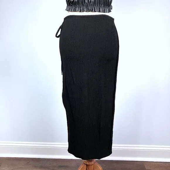 Zara Black Crinkle Wrap Midi Skirt Beach Swim Cover Up Small Gauze Textured