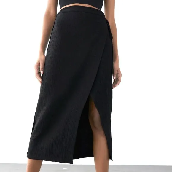 Zara Black Crinkle Wrap Midi Skirt Beach Swim Cover Up Small Gauze Textured