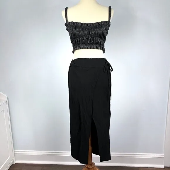 Zara Black Crinkle Wrap Midi Skirt Beach Swim Cover Up Small Gauze Textured
