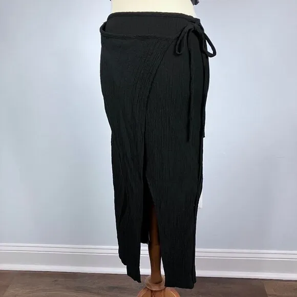 Zara Black Crinkle Wrap Midi Skirt Beach Swim Cover Up Small Gauze Textured