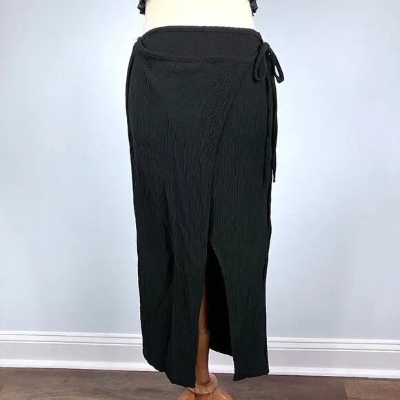 Zara Black Crinkle Wrap Midi Skirt Beach Swim Cover Up Small Gauze Textured