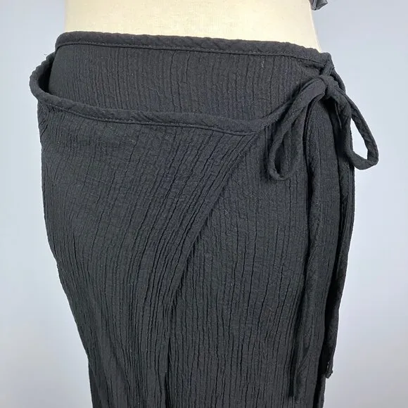 Zara Black Crinkle Wrap Midi Skirt Beach Swim Cover Up Small Gauze Textured