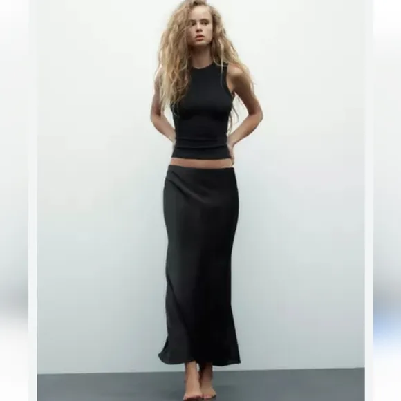 Zara black satin effect maxi skirt flowy size S