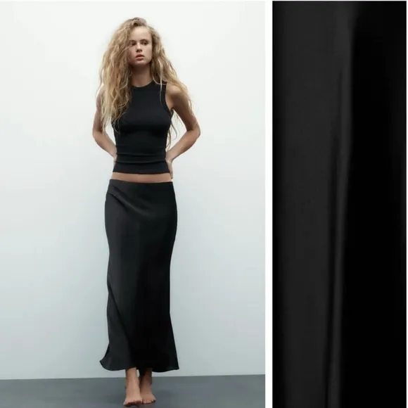 Zara black satin effect maxi skirt flowy size S