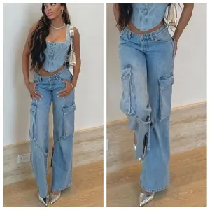 ZARA CARGO JEANS BLUE SIZE 10