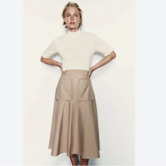 ZARA IVORY MOCK NECK KNIT KHAKI COTTON MIDI DRESS Size Small NWT