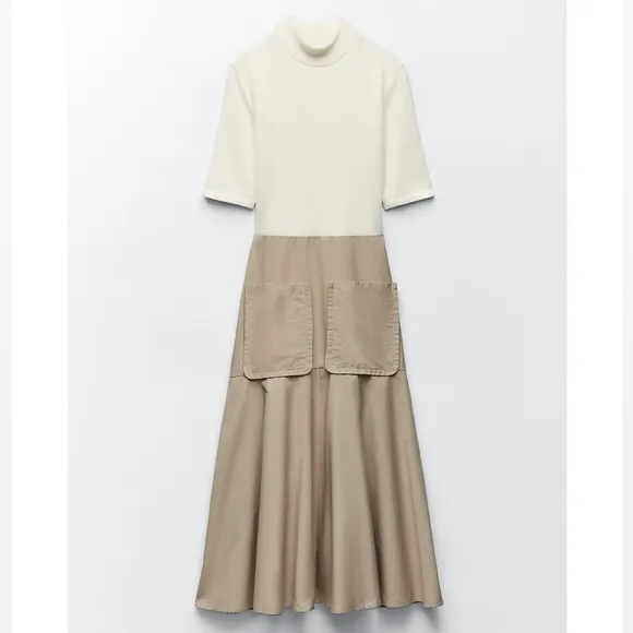 ZARA IVORY MOCK NECK KNIT KHAKI COTTON MIDI DRESS Size Small NWT