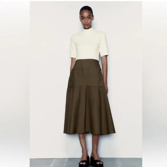 ZARA IVORY MOCK NECK KNIT KHAKI COTTON MIDI DRESS Size Small NWT