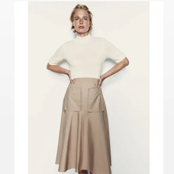 ZARA IVORY MOCK NECK KNIT KHAKI COTTON MIDI DRESS Size Small NWT