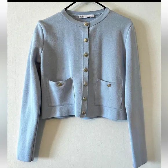 Zara light blue gold button front sweater knit cardigan