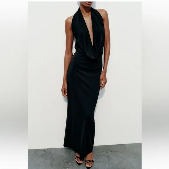 ZARA MIDI  HALTER DRESS Black Size XL