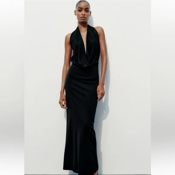 ZARA MIDI  HALTER DRESS Black Size XL