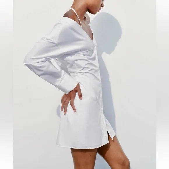 Zara NWT gabardine white off the shoulder button front trench coat shirt dress