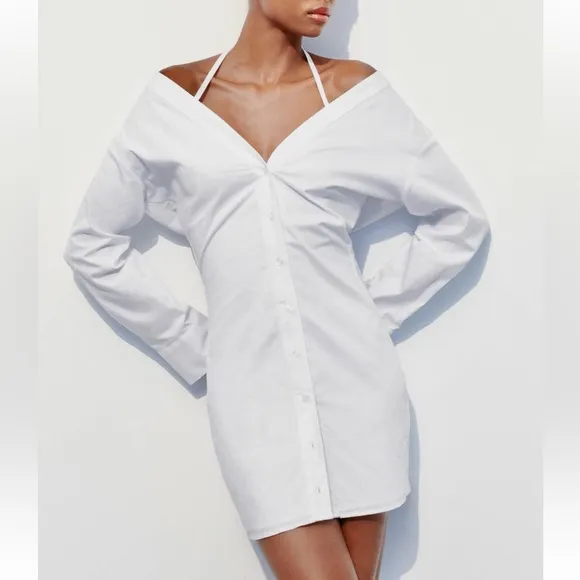 Zara NWT gabardine white off the shoulder button front trench coat shirt dress
