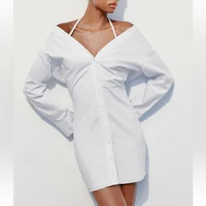 Zara NWT gabardine white off the shoulder button front trench coat shirt dress