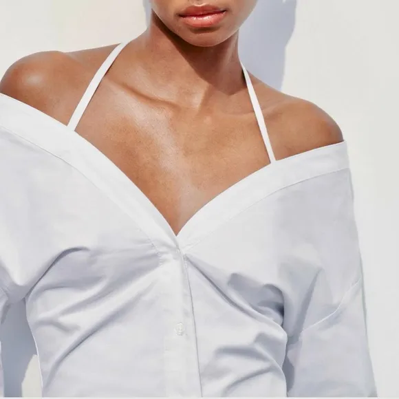 Zara NWT gabardine white off the shoulder button front trench coat shirt dress