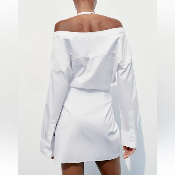 Zara NWT gabardine white off the shoulder button front trench coat shirt dress