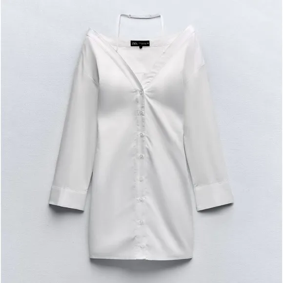 Zara NWT gabardine white off the shoulder button front trench coat shirt dress