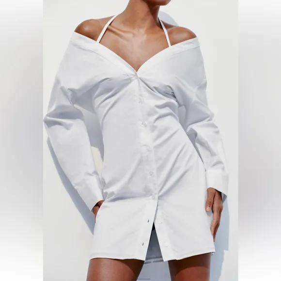 Zara NWT gabardine white off the shoulder button front trench coat shirt dress