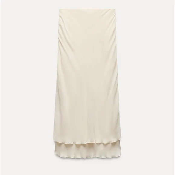 Zara NWT ivory off white cream double layered ruffle hem flowy midi skirt