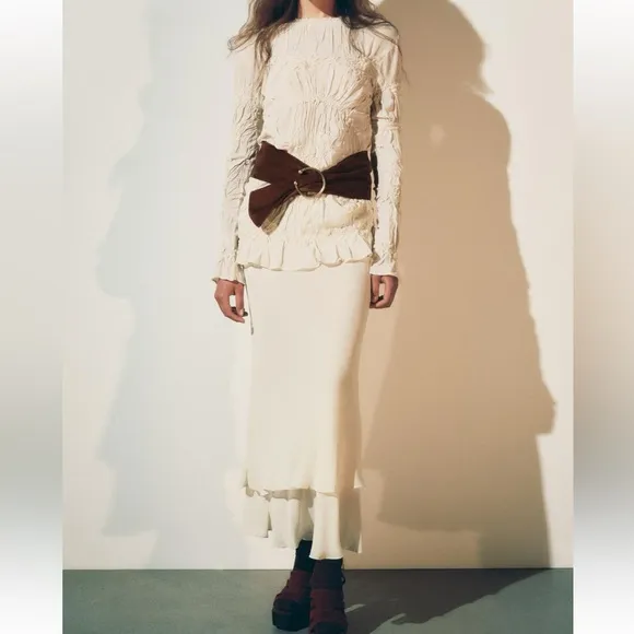 Zara NWT ivory off white cream double layered ruffle hem flowy midi skirt