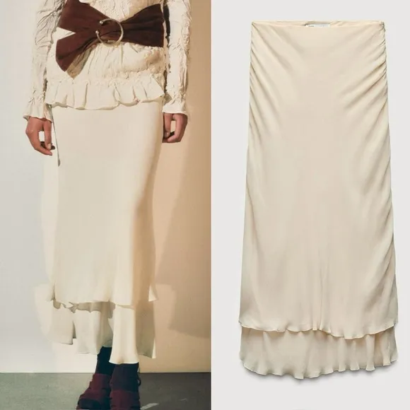 Zara NWT ivory off white cream double layered ruffle hem flowy midi skirt
