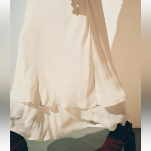 Zara NWT ivory off white cream double layered ruffle hem flowy midi skirt