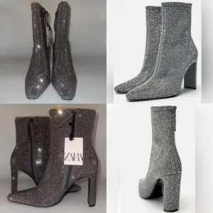 Zara NWT ✨ silver rhinestone Jeweled, sparkly bedazzled short heeled boots sz 41