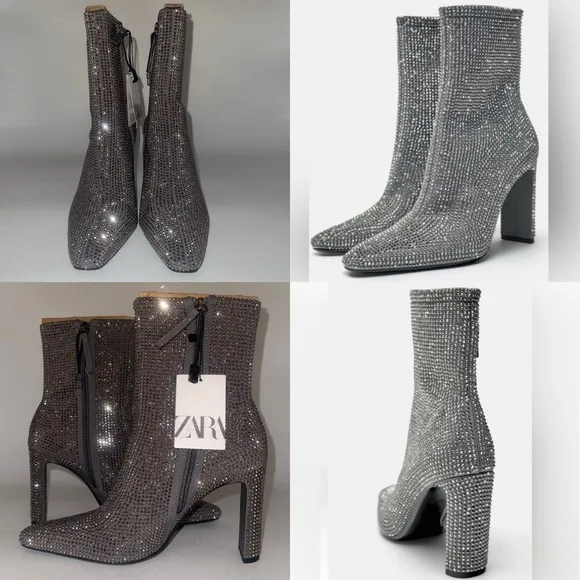 Zara NWT ✨ silver rhinestone Jeweled, sparkly bedazzled short heeled boots sz 41