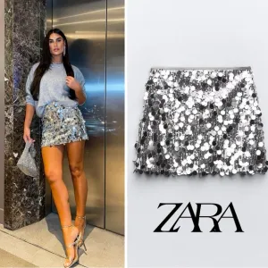 Zara NWT viral silver metallic sequin summer mini skirt