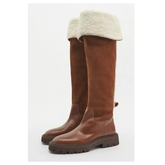 ZARA Over The Knee Boots with Fleece Trim