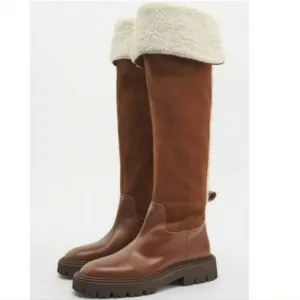 Zara OVER-THE-KNEE LEATHER BOOTS WITH FLEECE TRIM size 38 NEW