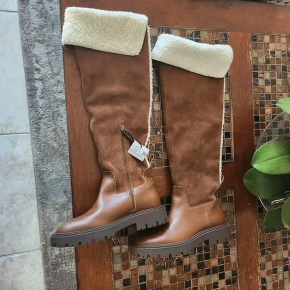 Zara OVER-THE-KNEE LEATHER BOOTS WITH FLEECE TRIM size 38 NEW